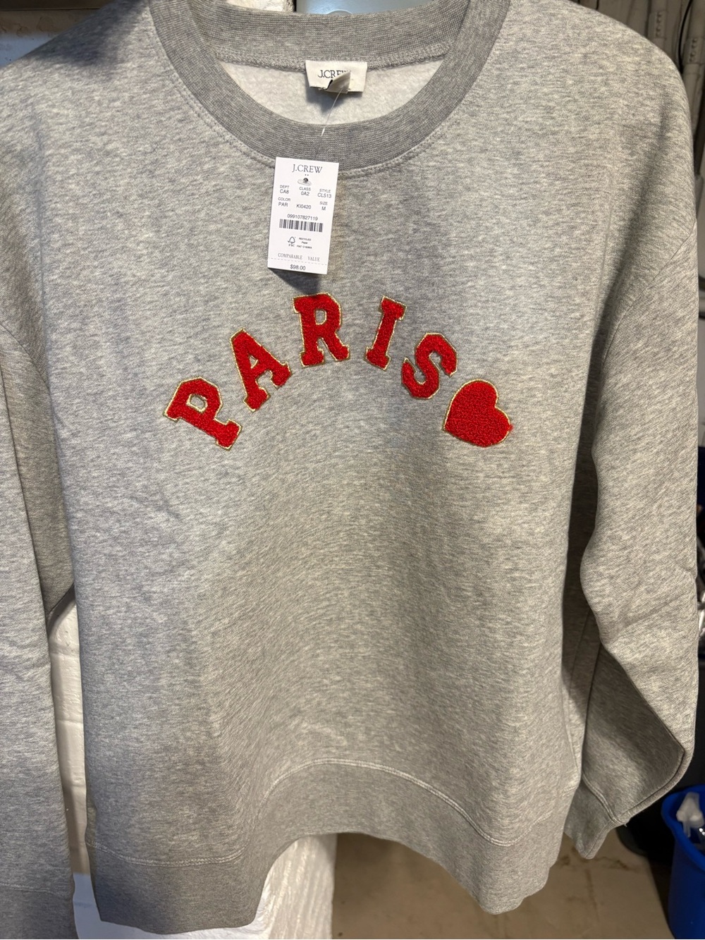 J.Crew Gray Sweatshirt with Red 'PARIS' Chenille and Heart